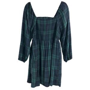 Old Navy Green Blue Plaid Smocked Long Sleeve Dress Cutout Back Puff Sleeves